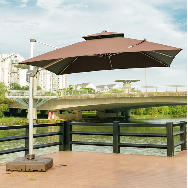 10ft Offset Cantilever Umbrella - Infinite Tilt Mechanism, Waterproof & UV-Resistant Canopy Made from Recycled Materials, w/ Heavy-Duty Cross Base for Commercial Landscaping